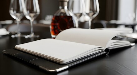 Blank notebook on a dark elegant restaurant table, perfect for culinary ideas, menu planning, or capturing inspiration in a sophisticated dining setting
