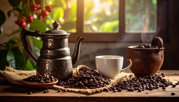 A rustic still life featuring a vintage coffee pot, a steaming cup of coffee, and scattered roasted coffee beans on a wooden surface.