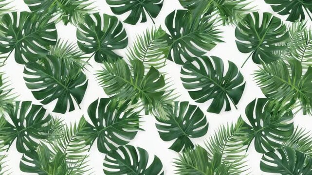Overhead shot of monstera and palm leaves arranged on a white surface in a repeating pattern seamless patterns backgrounds video