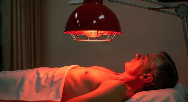 Man receiving infrared light therapy treatment focusing on wellness and recovery process aiming