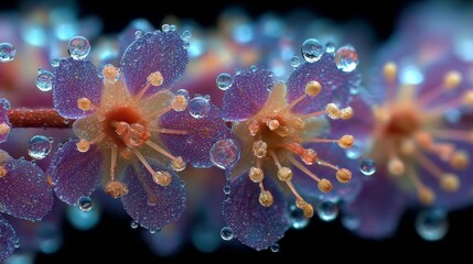 Fototapeta premium Fantasy energy and spiritual power in dew drops natural garden macro photography ethereal environment vibrant viewpoint