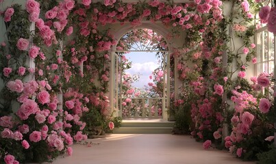 Obraz premium Enchanted garden archway covered in blooming pink flowers and greenery