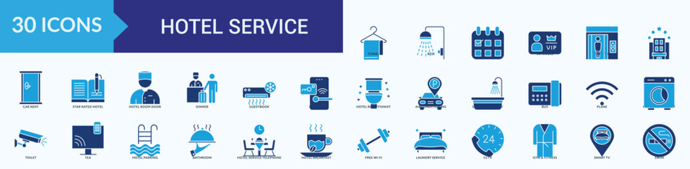 Hotel service icon flat blue collection set with towel, bed, shower, schedule, card vip, lift, car rent, star rated hotel, hotel room door