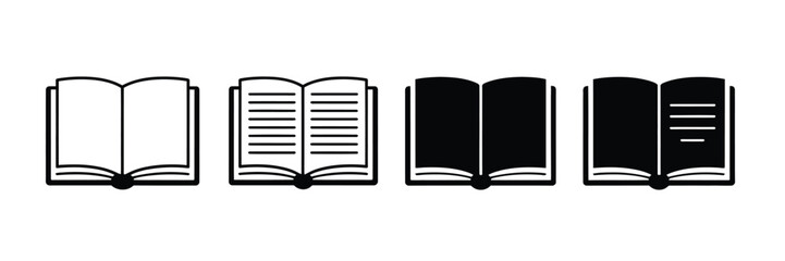Four simple open book icons representing different states of pages and content isolated on white background