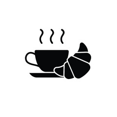 Simple black silhouette icon of a steaming hot coffee cup with a croissant on a saucer isolated on white background