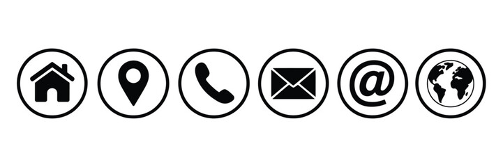 Set of six communication icons including house location phone email at symbol and globe isolated on white background