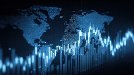global stock market analysis displayed as bar chart and world map in blue hue
