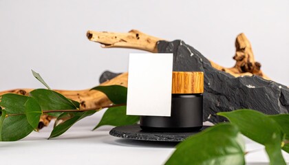 Black Balm Jar Mockup with Wood Lid on Slate and Greenery