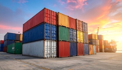 Stacked colorful shipping containers at sunset in a harbor setting
