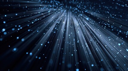 against a dark background blue light spots cascade like beams as if data pouring creating a tech  futuristic data  flow scene