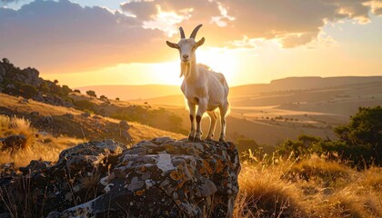 Majestic white goat standing proudly on a rocky outcrop during a golden sunset overlooking a vast valley with rolling hills and dramatic clouds in the sky