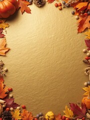 Golden textured background bordered with pumpkins, acorns, pinecones, and autumn leaves for Thanksgiving, fall holiday cards and seasonal banners