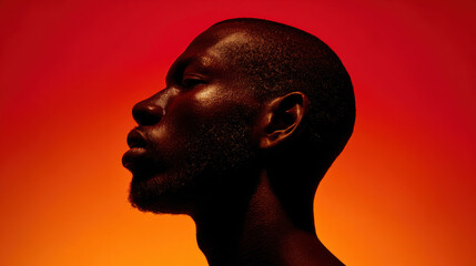 Black man profile side view portrait dark skin red orange background studio lighting contemplative expression male model close up face isolated