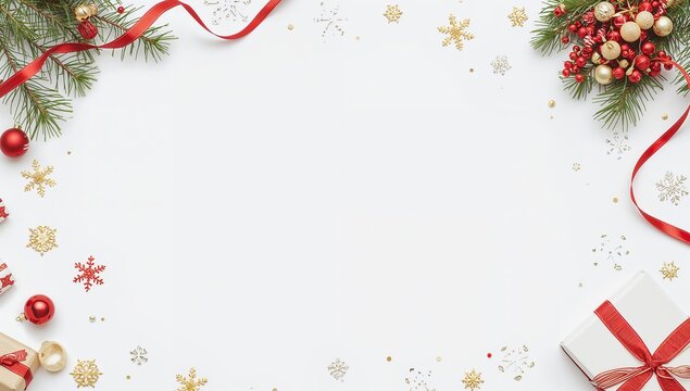 Christmas Frame with Pine Branches and Ornaments on White Background
