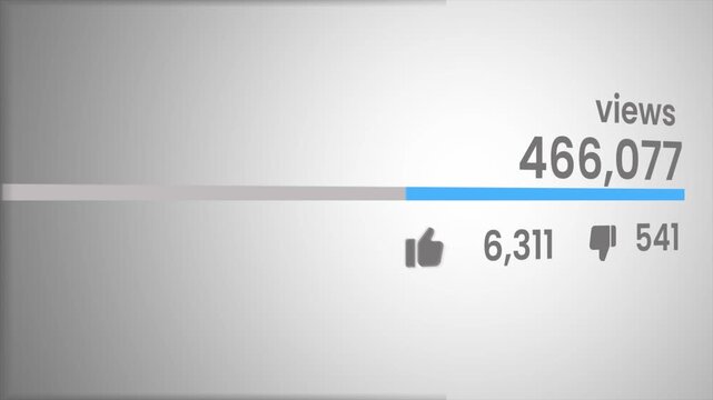 Video stats bar animation, progress bar loading with view count, like and dislike icons, social media engagement UI overlay, analytics dashboard element for video edits and transitions. 4K