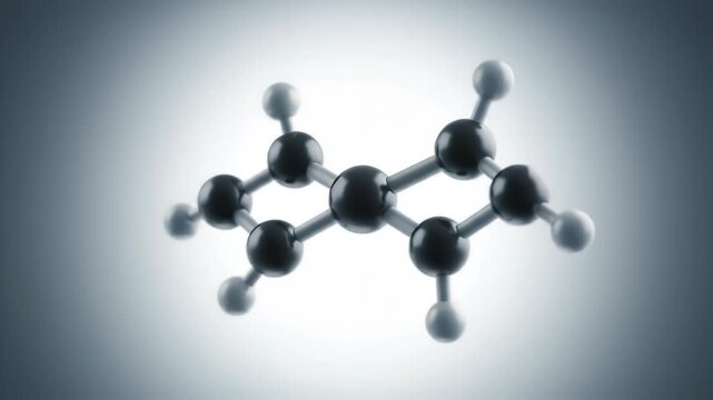 Realistic 3D animation of a cyclohexane molecule, showing its atomic structure of carbon and hydrogen atoms, used in scientific contexts.