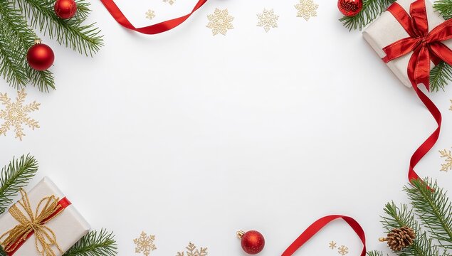 Christmas Frame with Pine Branches and Ornaments on White Background
