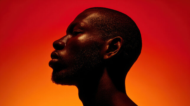 Black man profile side view portrait dark skin red orange background studio lighting contemplative expression male model close up face isolated - Powered by Adobe