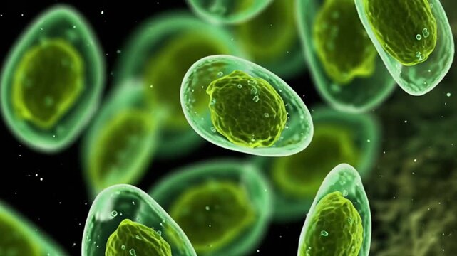 CLOSE UP OF GREEN ELODEA CELLS UNDER MICROSCOPE WITH ACTIVE CHLOROPLAST MOVEMENT AND CYTOPLASMIC FLOW SHOWING PHOTOSYNTHETIC ACTIVITY IN LIVE AQUATIC PLANT