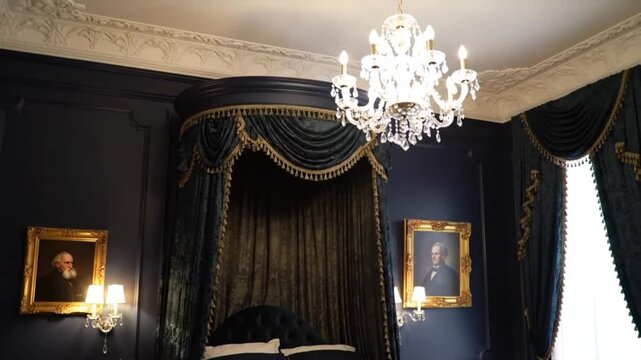 Ornate four poster bed in dark blue room with portrait paintings