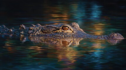 Fototapeta premium enigmatic alligator a study of stillness and ripples on a swamps surface at dusk showcasing the mystique of nature