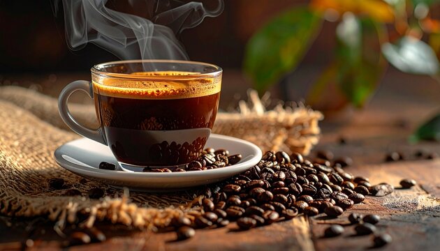 A steaming cup of rich, dark espresso sits on a saucer surrounded by roasted coffee beans, with burlap and greenery in the background. - Powered by Adobe