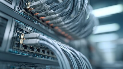 closeup of network cables connected to a server in a data center showcasing the intricate connections and technology infrastructure