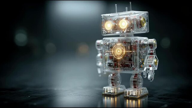 Colorful robot toy resting on a table illustrating the playful side of ai and robotics in modern culture and fun. Cute Transparent Robot &ndash; Animated Video Version