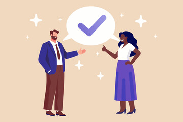 Diverse business professionals celebrating a successful agreement with a checkmark and thumbs up