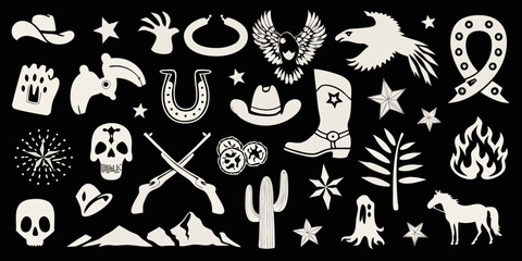 Collection of western and wild west icons and symbols on a black background