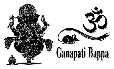 Lord Ganesha silhouette for Ganesh Chaturthi festival. Vector illustration of Hindu god Ganapati Bappa with Om symbol and mouse.