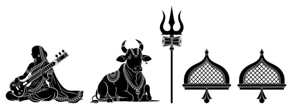 Set of Indian and Hindu cultural symbols vector silhouettes. Woman with sitar Nandi bull and Trishula icons.