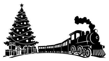 Silhouette Christmas Tree with Steam Train and Presents – Holiday Winter Scene Vector © Camel