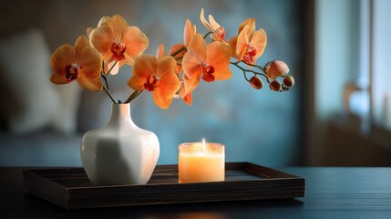 elegant home decor setting with vibrant orange orchids in a white vase and a lit candle on a dark wooden tray creating a serene and inviting atmosphere for relaxation or meditation