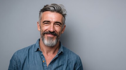 Fototapeta premium handsome middle aged man portrait cheerful guy smiles at camera against gray background confident male with beard and grey hair wears casual shirt positive emotion friendly face expression