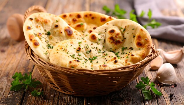 Stack of cooked flatbreads in a wicker basket, garnished with herbs
