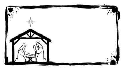 Hand drawn Christmas nativity scene in a grunge frame Vector sketch illustration with copy space