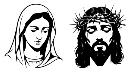Virgin Mary and Jesus Christ with crown of thorns vector portraits. Christian religious illustration set.