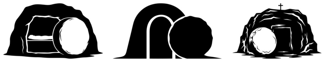 Empty tomb of Jesus Christ vector silhouette set. Christian Easter resurrection symbol icons.