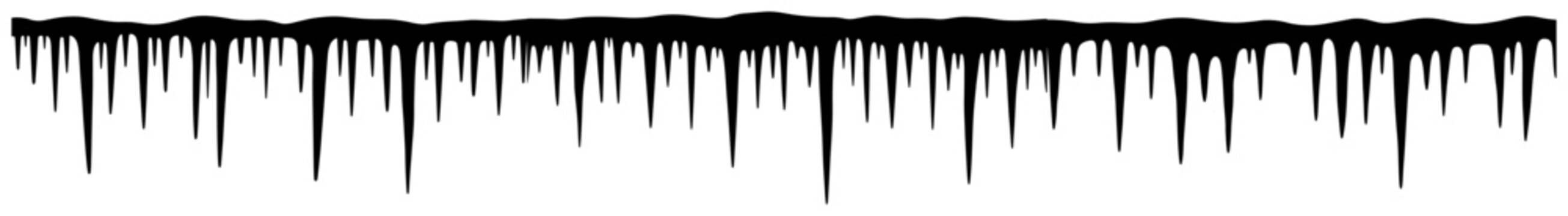 Seamless icicles border silhouette. Winter frozen divider with sharp ice drips. Christmas or holiday decoration element. Vector illustration of a frosty pattern isolated on white background.