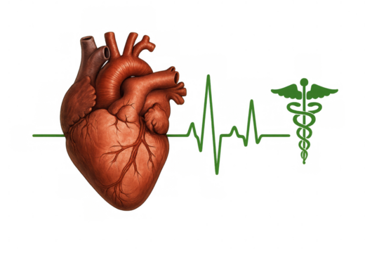 Human heart organ with an electrocardiogram pulse line and a green caduceus symbol. Transparent background