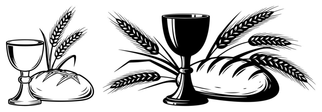 Set of Christian symbols of Holy Communion. Vector icons of the Eucharist with bread wine chalice and wheat.