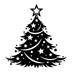 Silhouette Christmas Tree with Star Ornaments and Garland – Festive Holiday Icon Vector