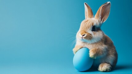 Obraz premium Easter bunny with a blue egg on a coordinating blue background celebrating the holiday spirit