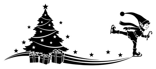 Obraz premium Christmas scene silhouette with ice skating elf and decorated tree. Winter holiday vector illustration with Santa's helper gift boxes and stars. Festive design element.