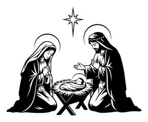 Silhouette Nativity with Holy Family and Bethlehem Star – Manger Christmas Icon Vector