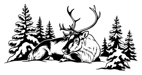 Silhouette Reindeer Resting in Snowy Pine Forest – Winter Wildlife Scene Vector