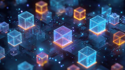 isometric arrangement of glowing digital cubes network circuit design and server architecture concept for data processing blockchain technology and cloud computing solutions