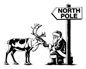 Fototapeta premium Santa Claus feeding a reindeer at the North Pole. Vintage Christmas vector illustration of Santa and his animal friend by a signpost. Holiday friendship and care concept.