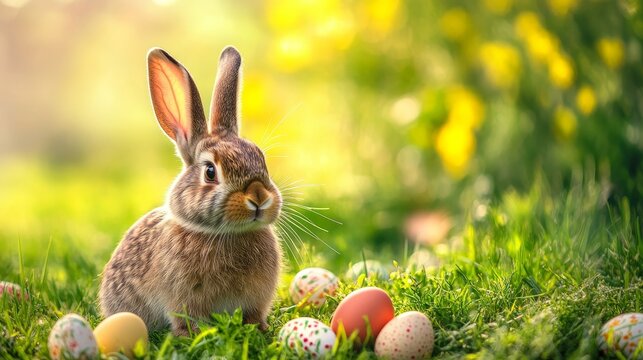 Joyful easter bunny in a meadow surrounded by colorful eggs and open space for personalization